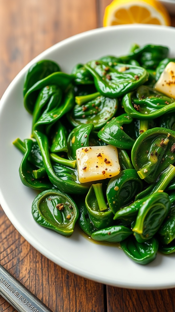 Sautéed spinach in garlic butter garnished with black pepper and a lemon slice on a rustic table.